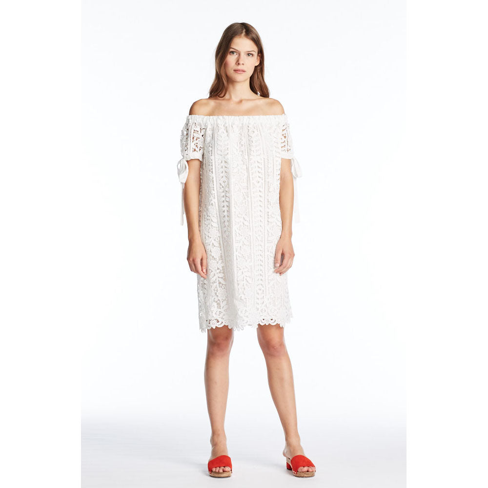 Off Shoulder White Lace eyelet Midi Dress - Vishal Enterprises Inc